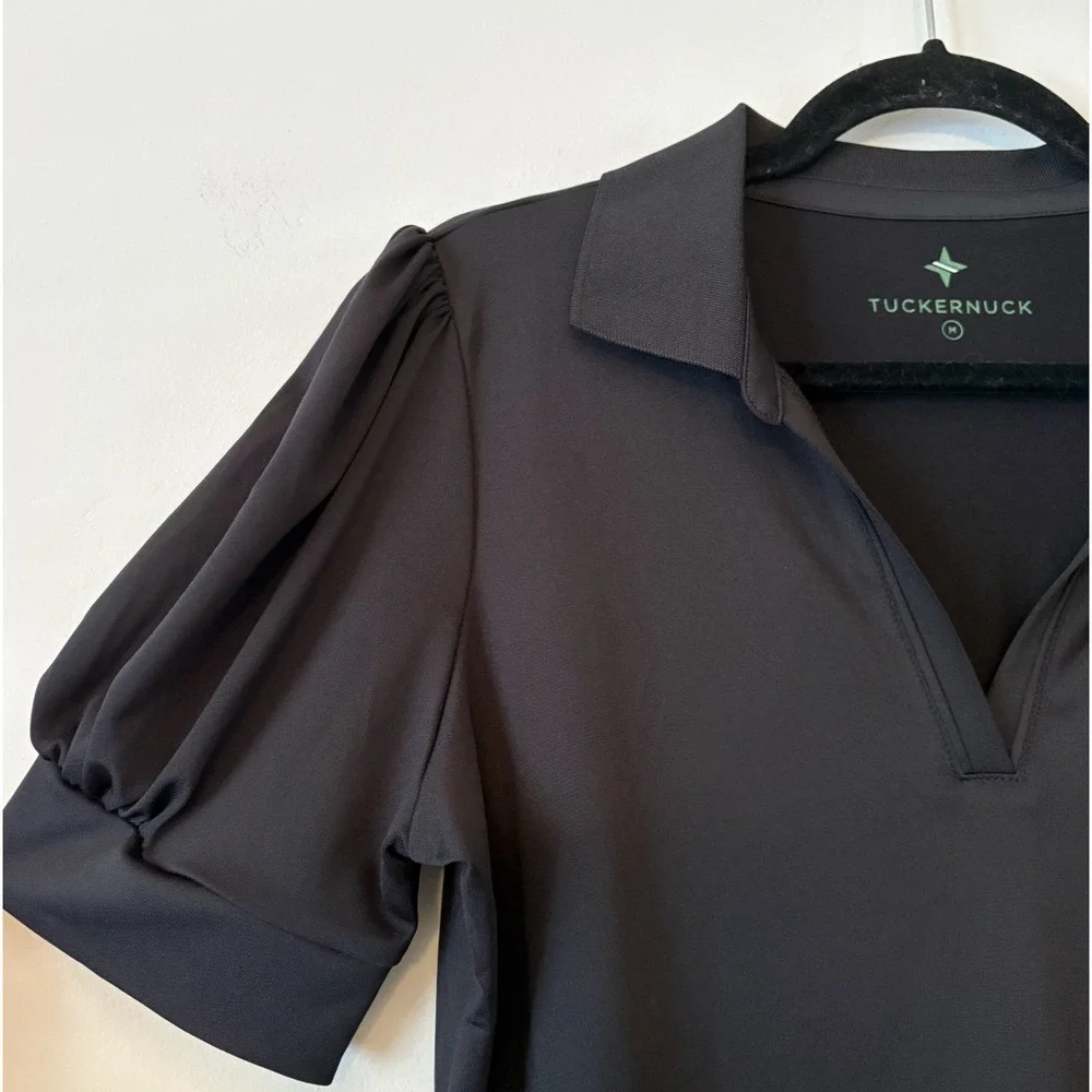 Tuckernuck Peggy Puff Sleeve Polo Top Black Size M River Bend Golf Club Fox Logo